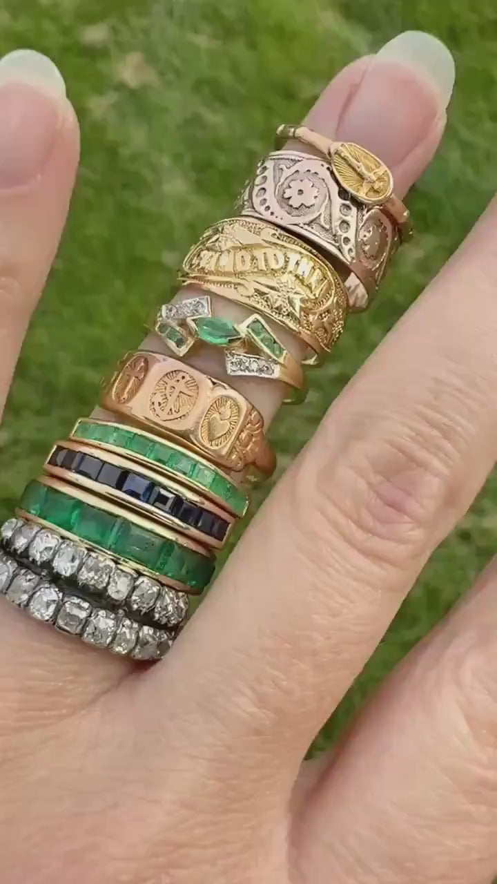French VICTORIAN Era Antique Ring 18k Gold 3 Virtues Faith Hope Anchor Heart Cross Beveled Stacker Band Ornate Gift Belle Epoque Figural