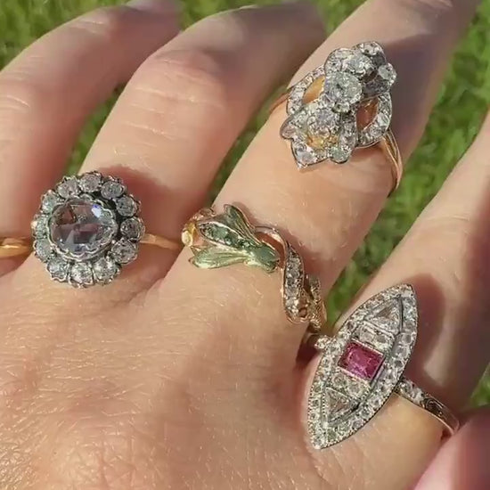 French Antique Belle Epoque Scrolled Shield Ring 1.3 Carats Natural Old Mine Rose Cut Diamond Ornate  Art Nouveau 18k Gold Victorian