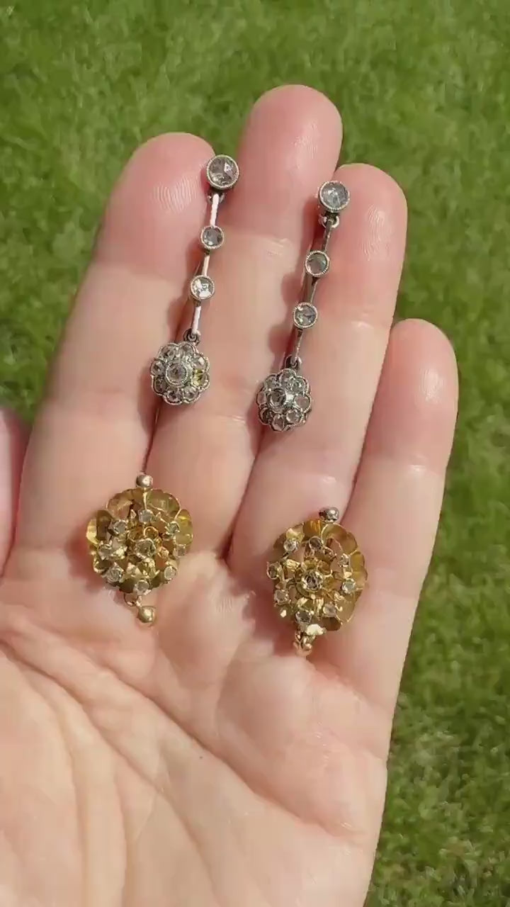 ANTIQUE Rose Cut DIAMOND Daisy Cluster Dangle Earrings French Belle Epoque 18k Gold Linear Drops Floral