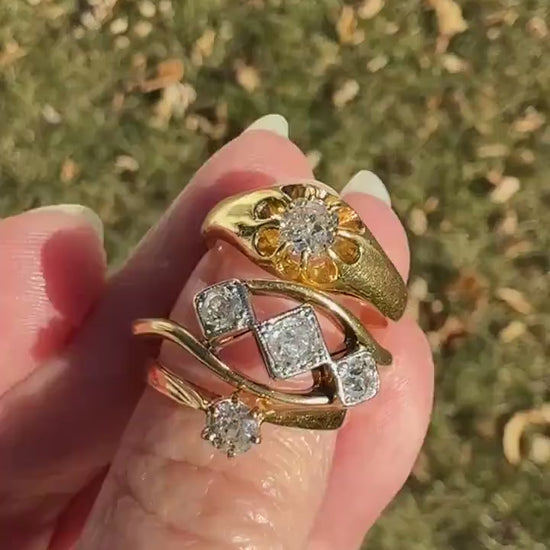 Antique Crossover Band Old Mine Cut Angled Bypass Three Stone Ring 18k Gold Platinum Stacker