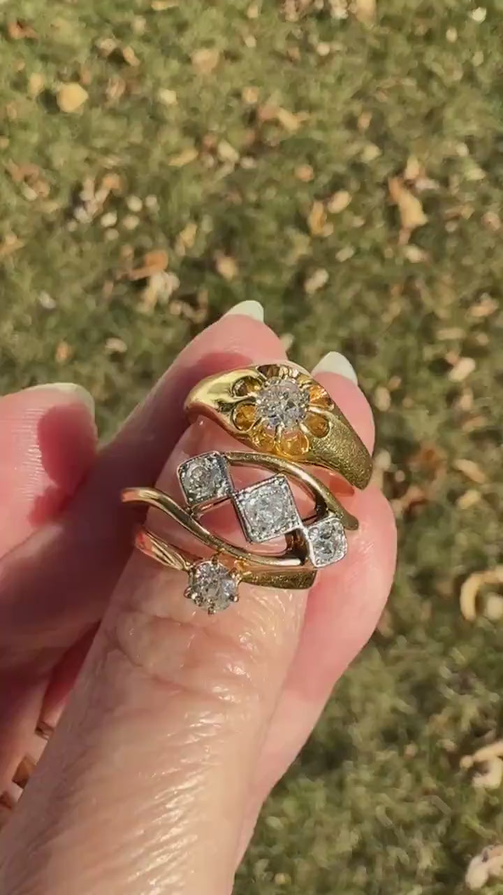 Antique Crossover Band Old Mine Cut Angled Bypass Three Stone Ring 18k Gold Platinum Stacker