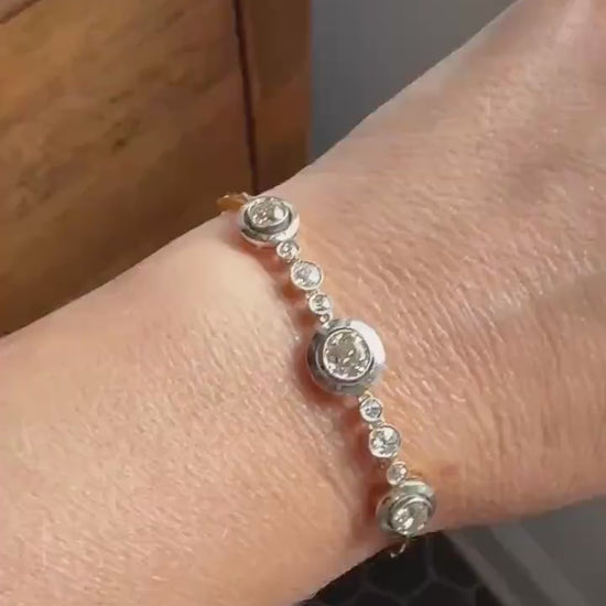 ANTIQUE 2.35 Carat Tdw Old Mine Cut DIAMOND Bracelet 18k Gold Comfortable Target Halo Bullseye Bezel Paperclip Link Chain 2.35Ctw OMC
