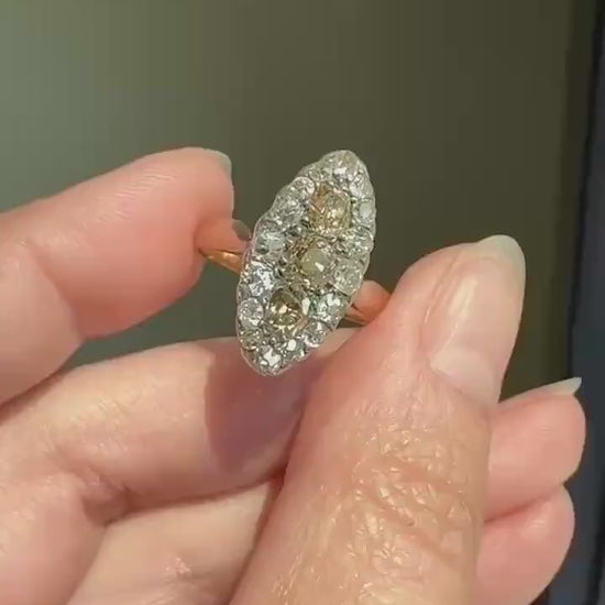 Uncommon 2.25 Carat Fancy Brown & White Halo Old Mine Cut Diamond Navette Ring Oval Victorian Antique 18k Gold Silver Chocolate Champagne
