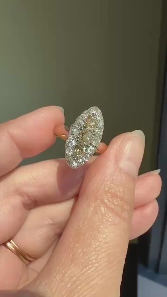 Uncommon 2.25 Carat Fancy Brown & White Halo Old Mine Cut Diamond Navette Ring Oval Victorian Antique 18k Gold Silver Chocolate Champagne