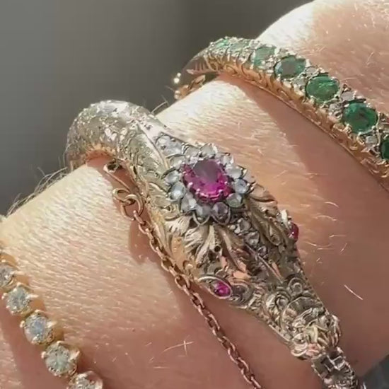 HEAVY ! Antique Ouroboros SNAKE Articulating Bracelet 43g 14k GOLD Chunky Teeth Ruby Eyes Head Rose Cut Diamond Halo Chunky Bangle Bracelet