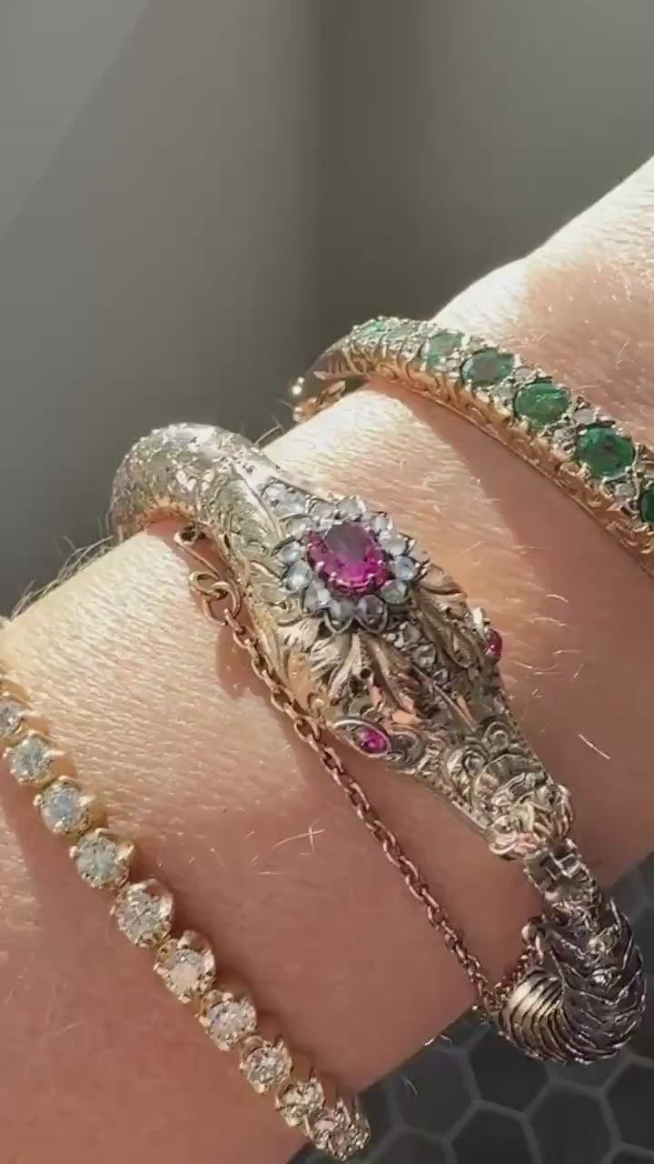 HEAVY ! Antique Ouroboros SNAKE Articulating Bracelet 43g 14k GOLD Chunky Teeth Ruby Eyes Head Rose Cut Diamond Halo Chunky Bangle Bracelet