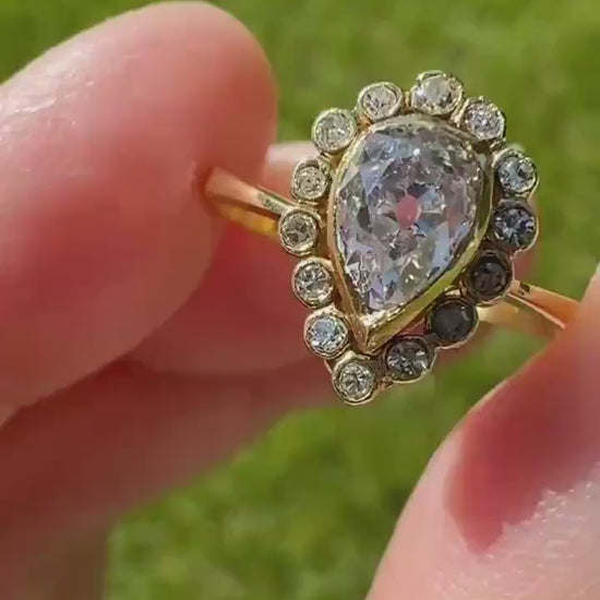 Vintage Halo Ring with Chunky .6 Carat Antique Old Mine Cut PEAR Diamond Eye Clean & Old Single Cuts Bezel Set Ring Teardrop Stacker