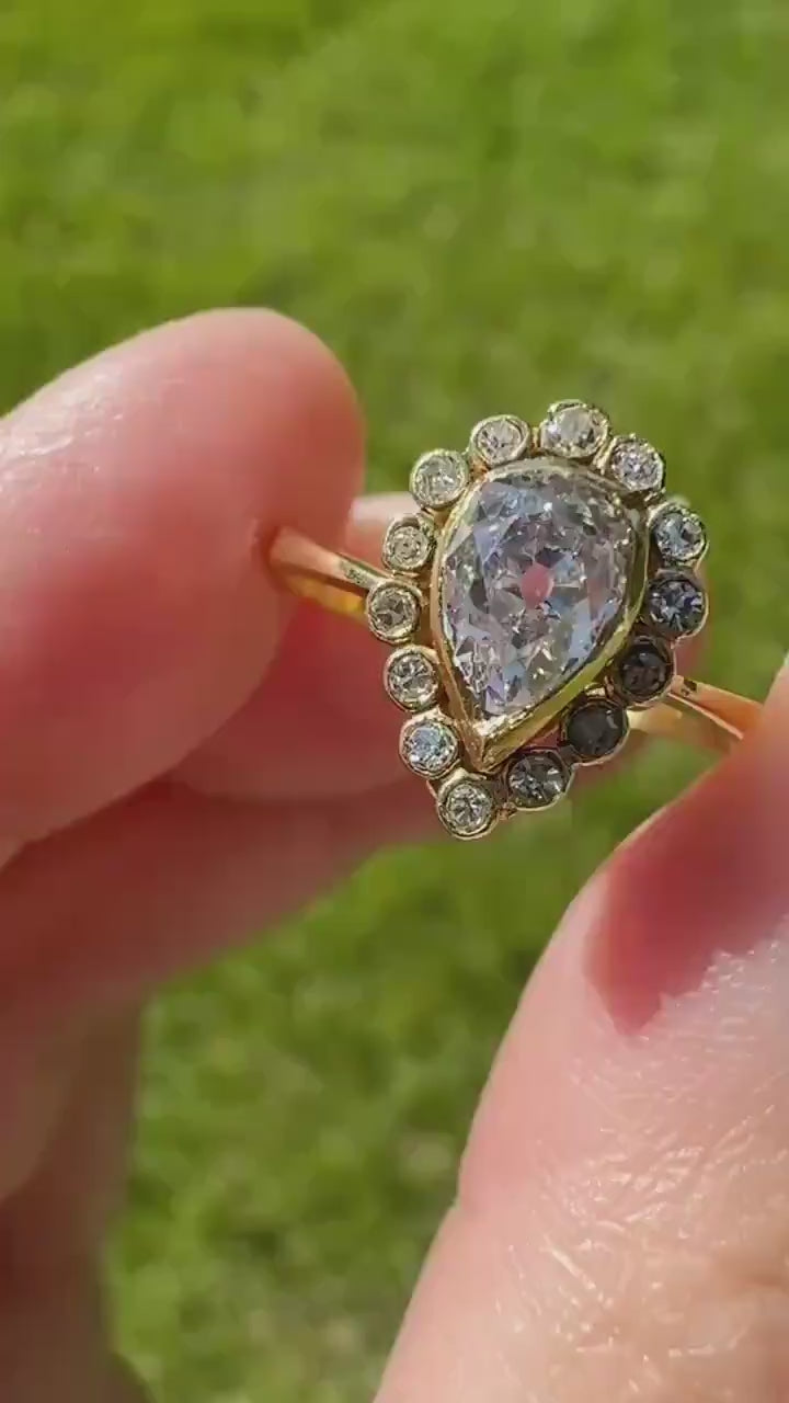 Vintage Halo Ring with Chunky .6 Carat Antique Old Mine Cut PEAR Diamond Eye Clean & Old Single Cuts Bezel Set Ring Teardrop Stacker