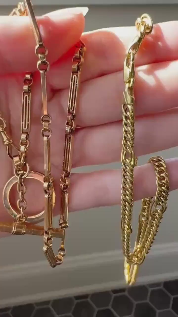 Heavy French Vintage Albert Watch Chain 20g 18k GOLD Solid Chunky Chain Necklace Oval Links XL Spring Ring T Bar Short Choker Extender