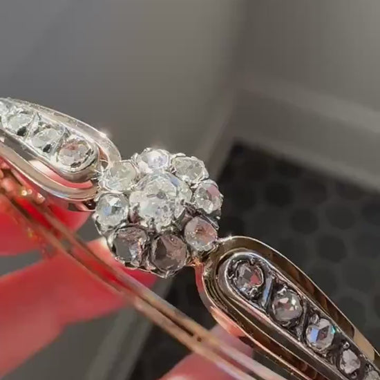 ANTIQUE 1.5Ctw Daisy CLUSTER Old Mine & Rose Cut DIAMONDS French Hinged Bangle Bracelet 18k Gold Silver Belle Epoque OmC Victorian Hallmark