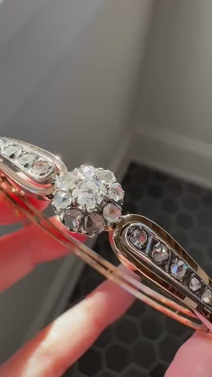 ANTIQUE 1.5Ctw Daisy CLUSTER Old Mine & Rose Cut DIAMONDS French Hinged Bangle Bracelet 18k Gold Silver Belle Epoque OmC Victorian Hallmark