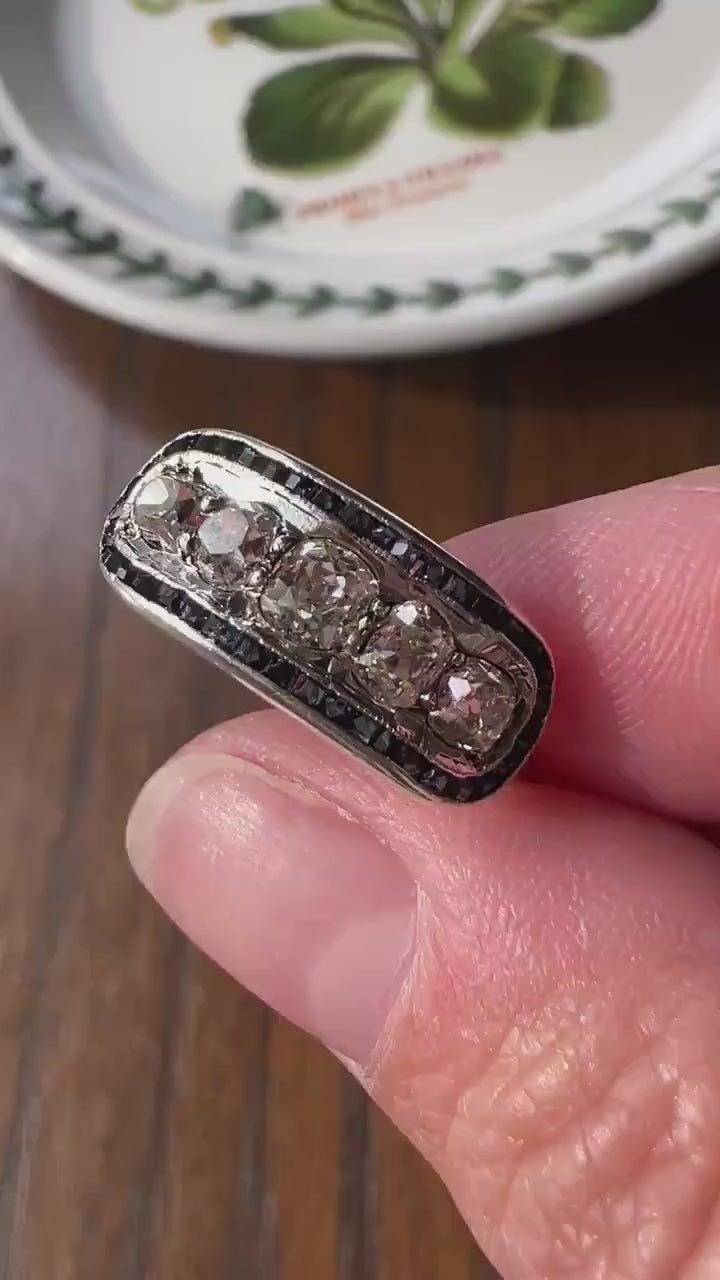 Antique One CARAT Old Mine Cut DiAMOND Five Stone Sapphire East West HALO Ring Carre Square Cut Stacker Band 14k Gold