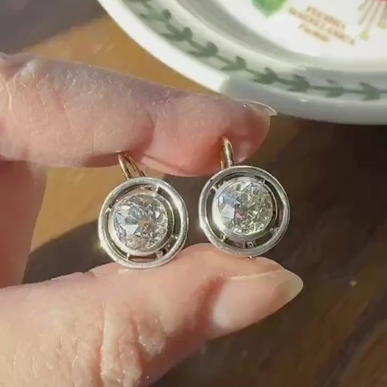 Boxed Original Antique 3.7 Carats Old Mine Cut DIAMOND Natural Dormeuse Earrings Bezel Set Circle Halo 18k Gold Silver Dangle Bullseye Gift