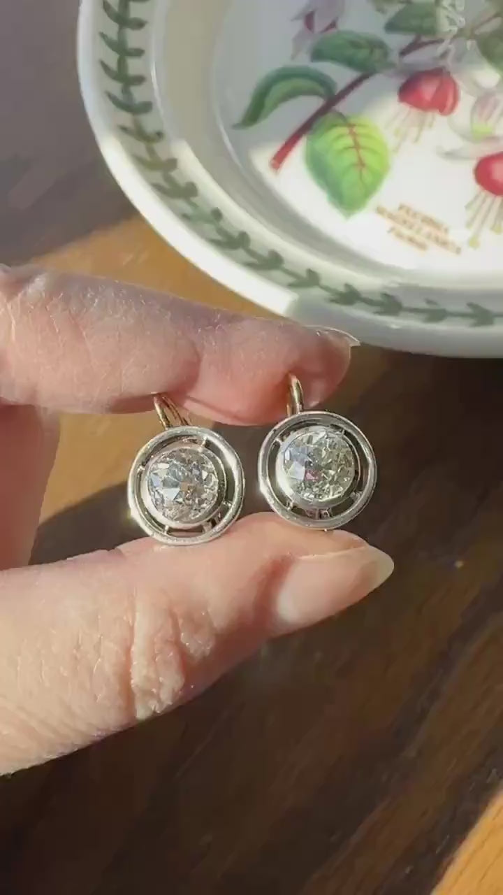 Boxed Original Antique 3.7 Carats Old Mine Cut DIAMOND Natural Dormeuse Earrings Bezel Set Circle Halo 18k Gold Silver Dangle Bullseye Gift