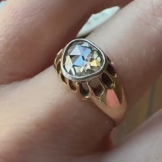 Antique Natural Rose Cut DIAMOND Open Back Ring 18k Gold 1+ Carat Face Up Eye Clean Spready Freeform Triangle Belcher Gypsy Buttercup Band