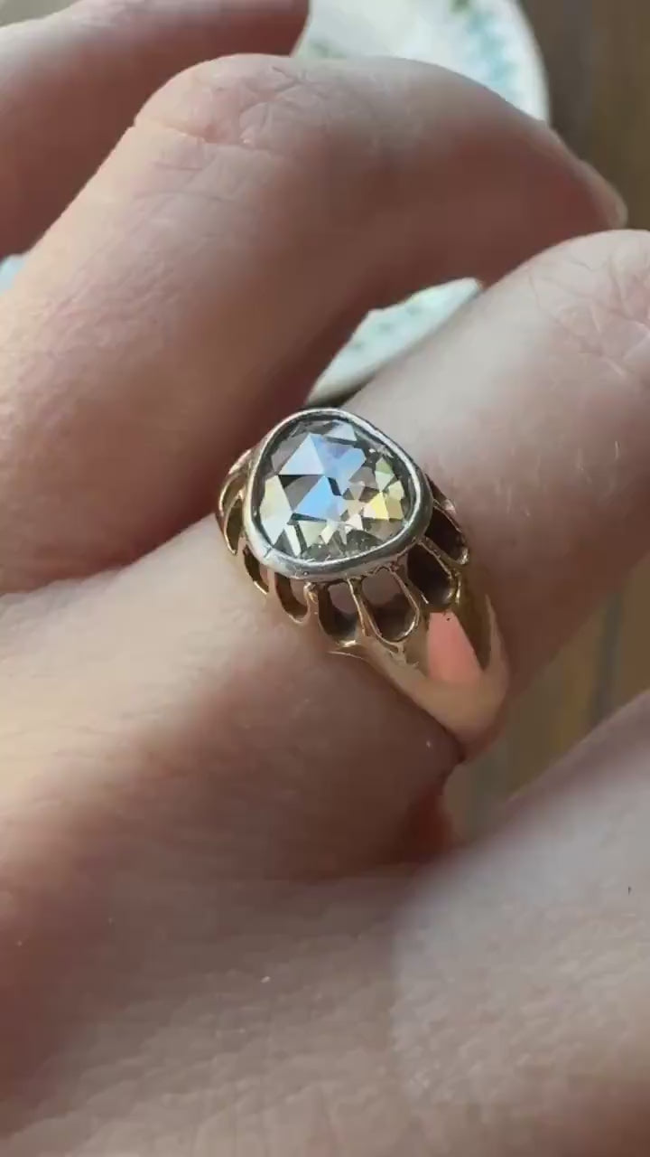 Antique Natural Rose Cut DIAMOND Open Back Ring 18k Gold 1+ Carat Face Up Eye Clean Spready Freeform Triangle Belcher Gypsy Buttercup Band