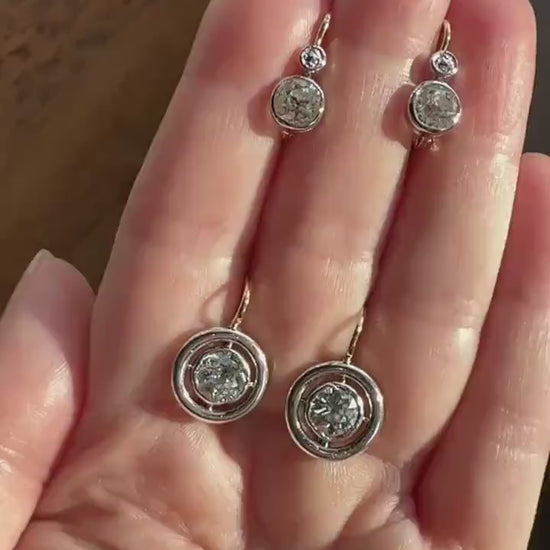Boxed Antique Eye Clean 1.85 Carat Old Mine Cut DIAMOND Dormeuse Earrings Bezel Set in Circle Halo 17k Gold Silver Dangle Bullseye Gift 18k
