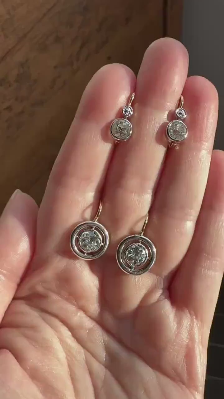 Boxed Antique Eye Clean 1.85 Carat Old Mine Cut DIAMOND Dormeuse Earrings Bezel Set in Circle Halo 17k Gold Silver Dangle Bullseye Gift 18k
