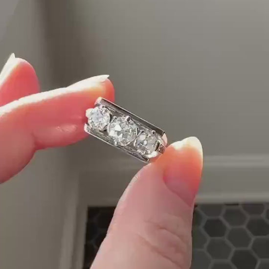 Three Stone Antique 1.75 Carat Old Mine Cut DIAMOND Chunky Tank Geometric Wrap Ring 14k White Gold Platinum Squared Band Stacker