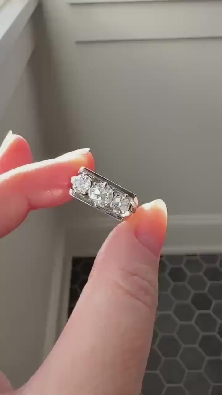 Three Stone Antique 1.75 Carat Old Mine Cut DIAMOND Chunky Tank Geometric Wrap Ring 14k White Gold Platinum Squared Band Stacker