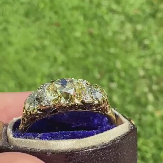 SPECIAL 3.1 Carat Antique FANCY YELLOW Old Mine Cut Diamond Three Stone Ring Gemset Prong Spacers 18k Gold Rare Chunky Band Canary 3.1Ct OmC