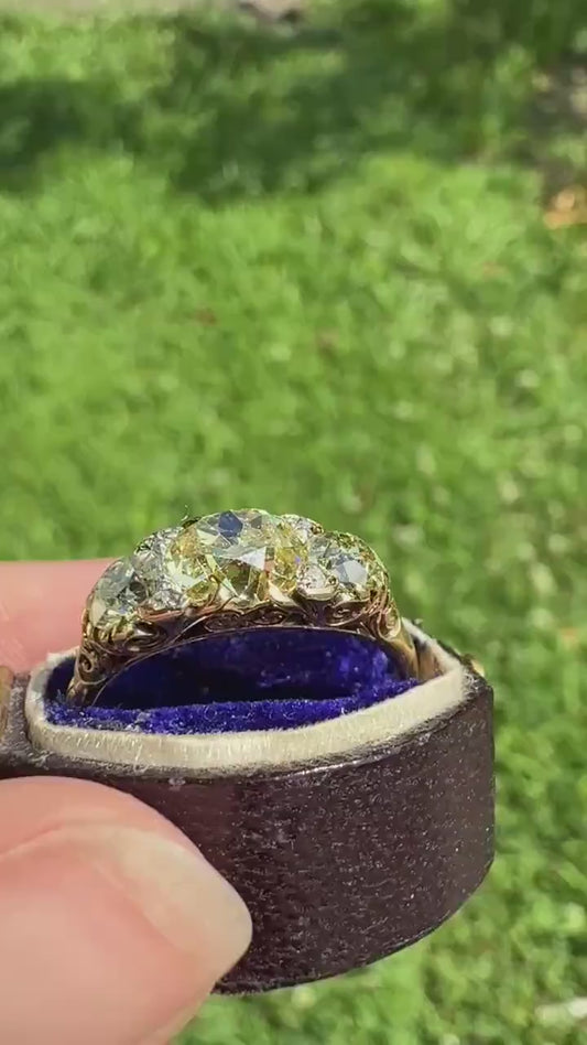 SPECIAL 3.1 Carat Antique FANCY YELLOW Old Mine Cut Diamond Three Stone Ring Gemset Prong Spacers 18k Gold Rare Chunky Band Canary 3.1Ct OmC