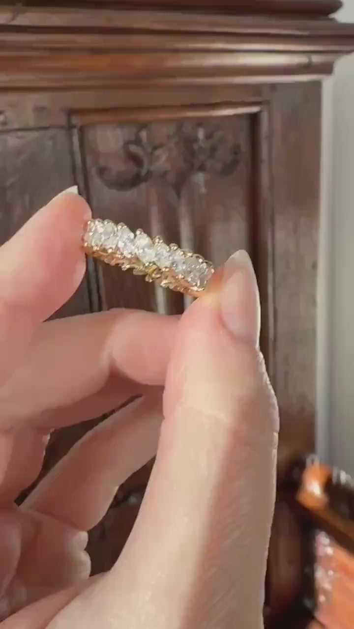 Vintage Two Carats Marquise Navette Cut DIAMOND Full Eternity Hoop Ring 18k Gold French Band Asymmetrical Angled Stacker