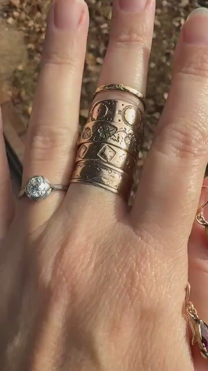 CIRCLES Floral Victorian Wedding Ring 8.2mm Wide Cigar Band Antique 10k Gold Solid Rosy Eternity Stacker Romantic Gift Geometric Double Line