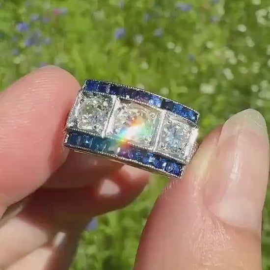 Vintage 1.25 Carat Transitional Old Mine Cut Diamond Natural Sapphire Ring 18k White Gold Carre Blue Art Deco Geometric Stacker Band