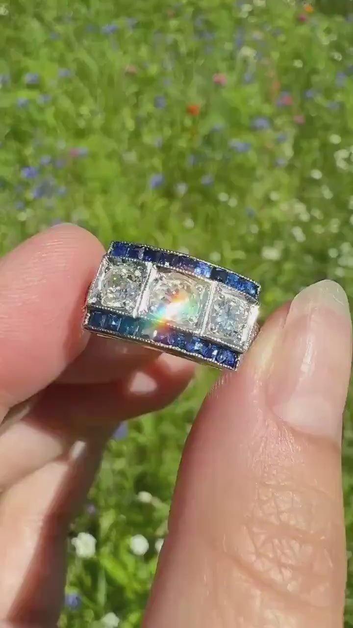 Vintage 1.25 Carat Transitional Old Mine Cut Diamond Natural Sapphire Ring 18k White Gold Carre Blue Art Deco Geometric Stacker Band