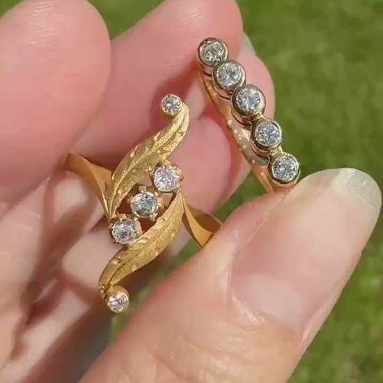 FEATHER Art Nouveau Old Mine Cut Diamond Swirl Ring 18k Gold Antique Band Bypass Movement Sparkle Brushed Satin Matte Finish Texture