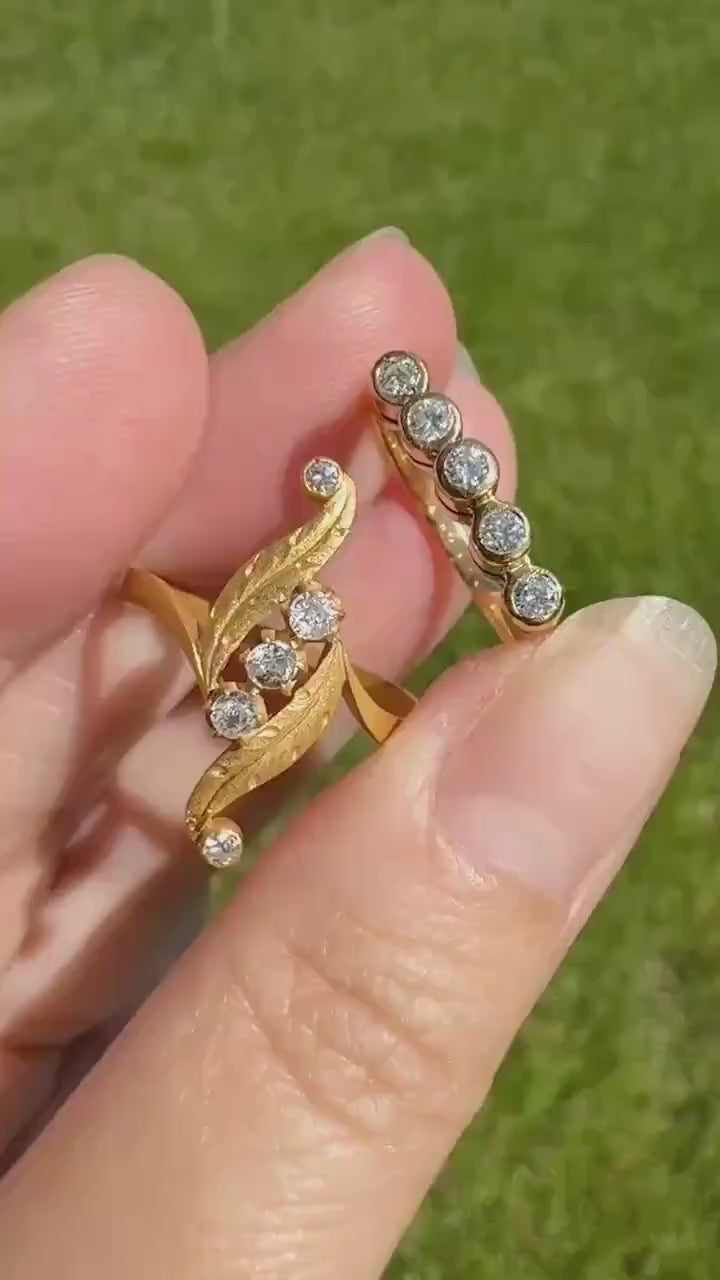 FEATHER Art Nouveau Old Mine Cut Diamond Swirl Ring 18k Gold Antique Band Bypass Movement Sparkle Brushed Satin Matte Finish Texture