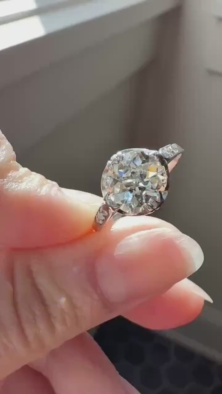 Antique 2 CARATS Tdw Old Mine Cut DIAMOND Solitaire French Engagement Ring with Rose Cut Accents Platinum Stacker Love Gift Spready OMC