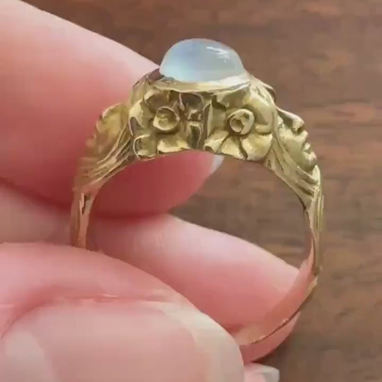 Art Nouveau Floral Woman Two Faces Antique Blue MOONSTONE c1900 Glowing Orb Figural Ring 14k Gold Buttery Band Stacker Victorian Unisex