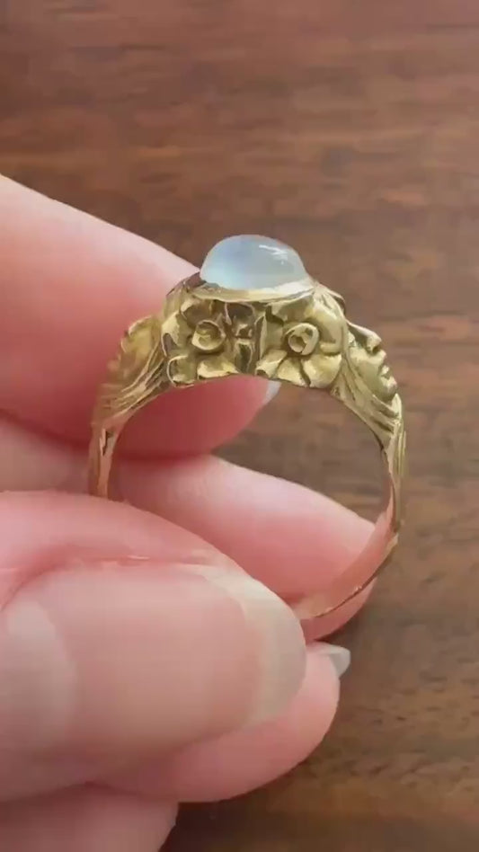 Art Nouveau Floral Woman Two Faces Antique Blue MOONSTONE c1900 Glowing Orb Figural Ring 14k Gold Buttery Band Stacker Victorian Unisex