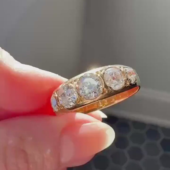 XL 2.5 Carats FIVE Stone Old Mine Cut DIAMOND Gypsy Ring Wide Band 18k Gold Solid Chunky Antique Edwardian Victorian Stacker OmC Man Unisex