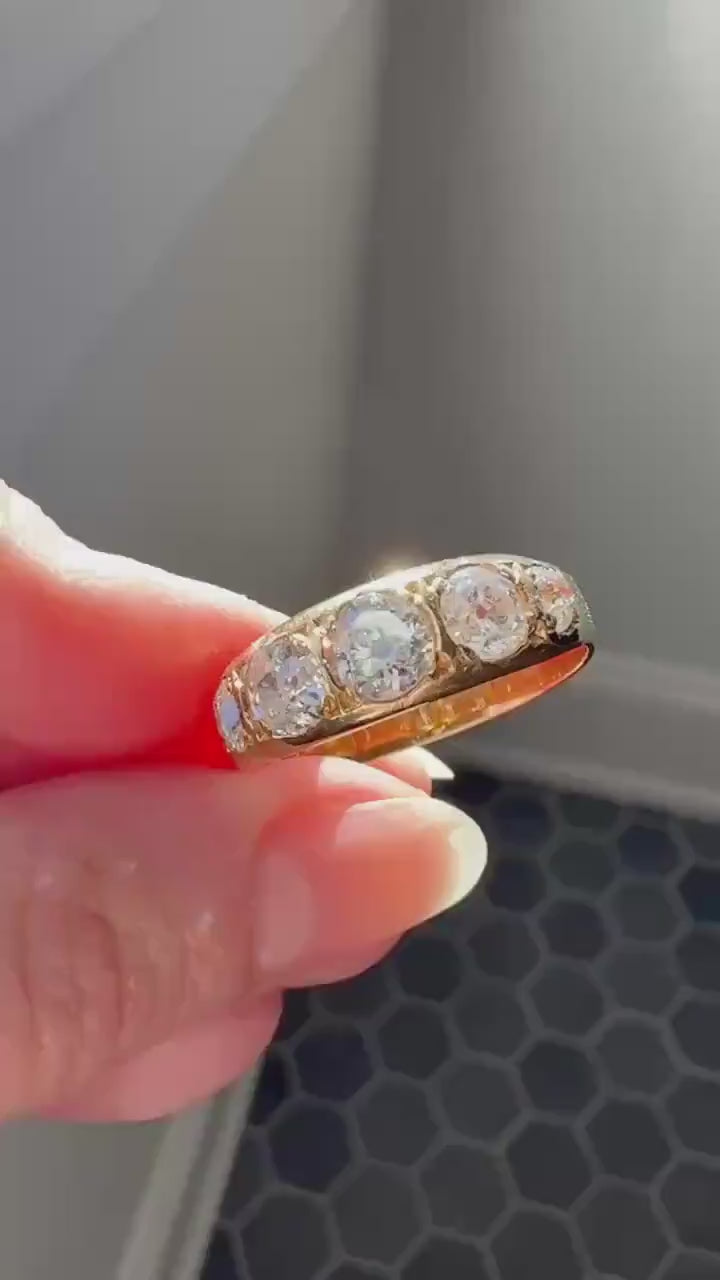 XL 2.5 Carats FIVE Stone Old Mine Cut DIAMOND Gypsy Ring Wide Band 18k Gold Solid Chunky Antique Edwardian Victorian Stacker OmC Man Unisex
