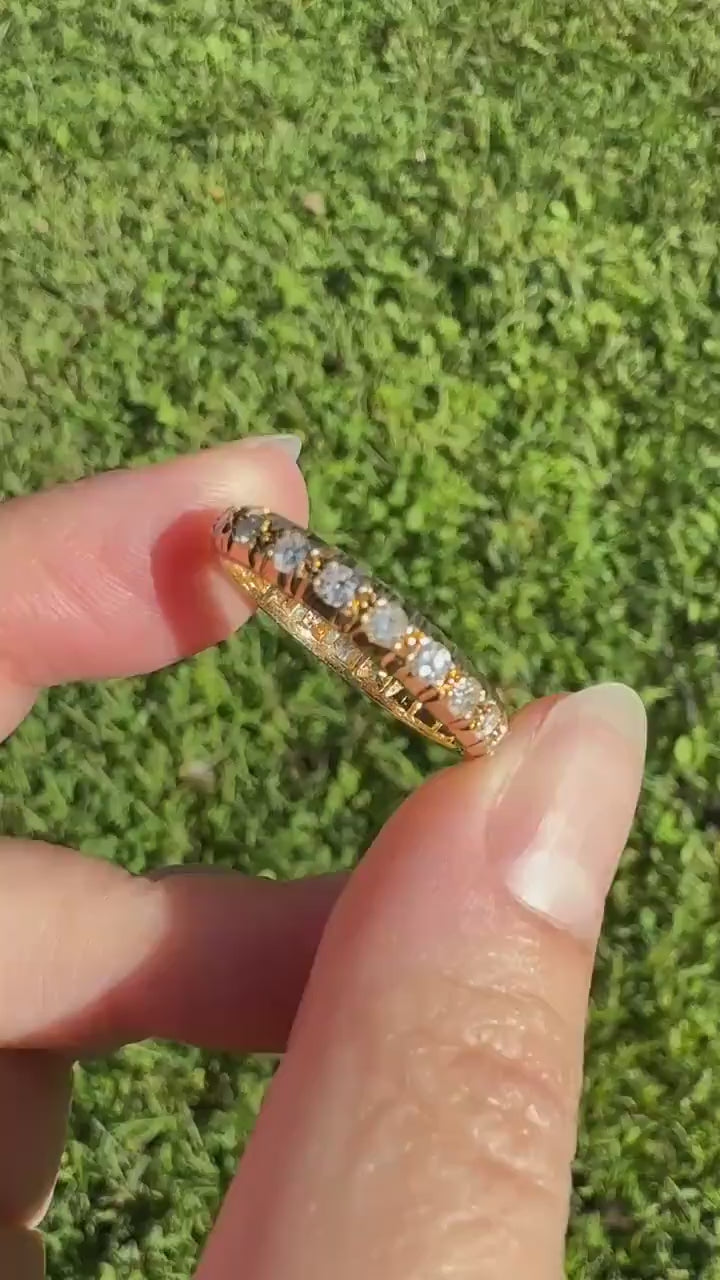 Sturdy ETERNITY Band One Carat 4.3g 18k Yellow Gold Single Cut DIAMOND Vintage Skinny Ring 3.7mm Wedding Stacker Anniversary Gift Romantic