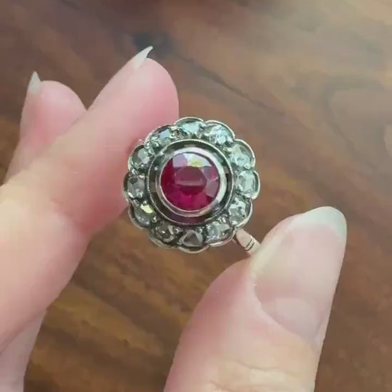 Antique Ruby & Rose Cut Diamond Halo Cluster Ring Pink Red Solid Silver French Edwardian Stacker Cocktail Statement Romantic Gift
