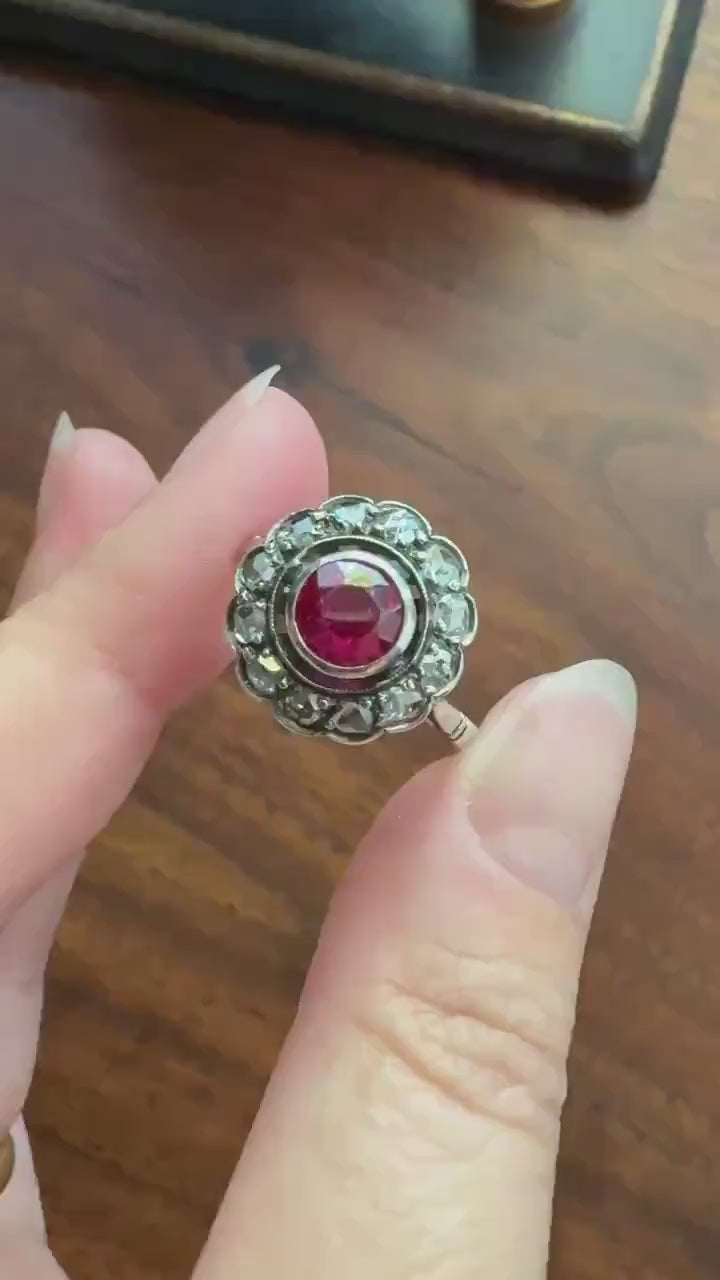 Antique Ruby & Rose Cut Diamond Halo Cluster Ring Pink Red Solid Silver French Edwardian Stacker Cocktail Statement Romantic Gift