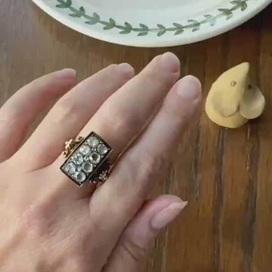 Georgian Era Antique 1 CARAT+ Rose Cut DIAMOND Disco Ball Grid Panel Lozenge Cluster Ring 18k Gold Silver Collets Stacker Gift Faces Up 2Ctw