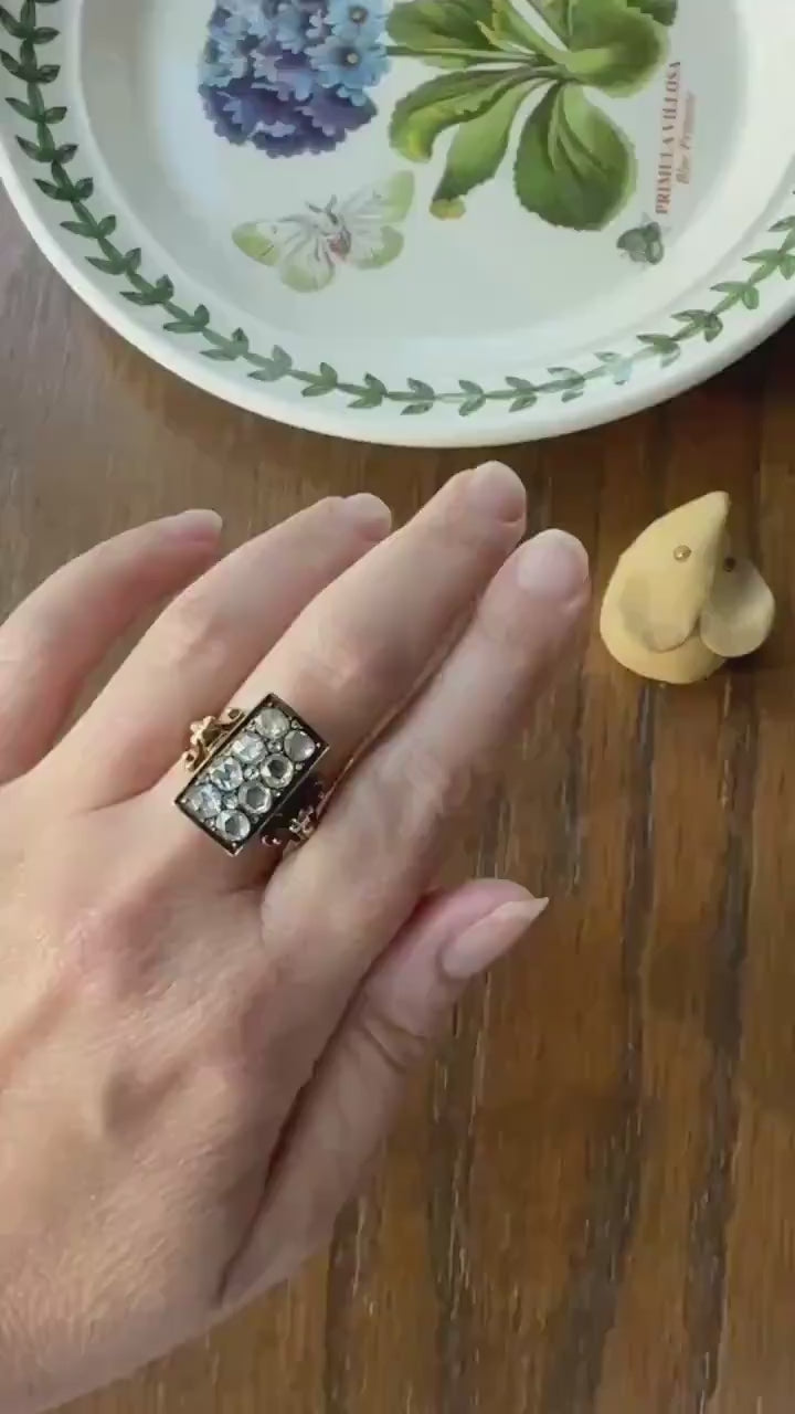 Georgian Era Antique 1 CARAT+ Rose Cut DIAMOND Disco Ball Grid Panel Lozenge Cluster Ring 18k Gold Silver Collets Stacker Gift Faces Up 2Ctw