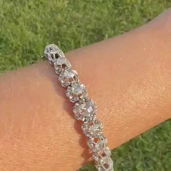 ANTIQUE Rose Cut DIAMOND Bangle Bracelet Boxed French Victorian 20g 18k Gold Platinum Crown Fleur de Lis Prongs Ornate Wriststack Open Back