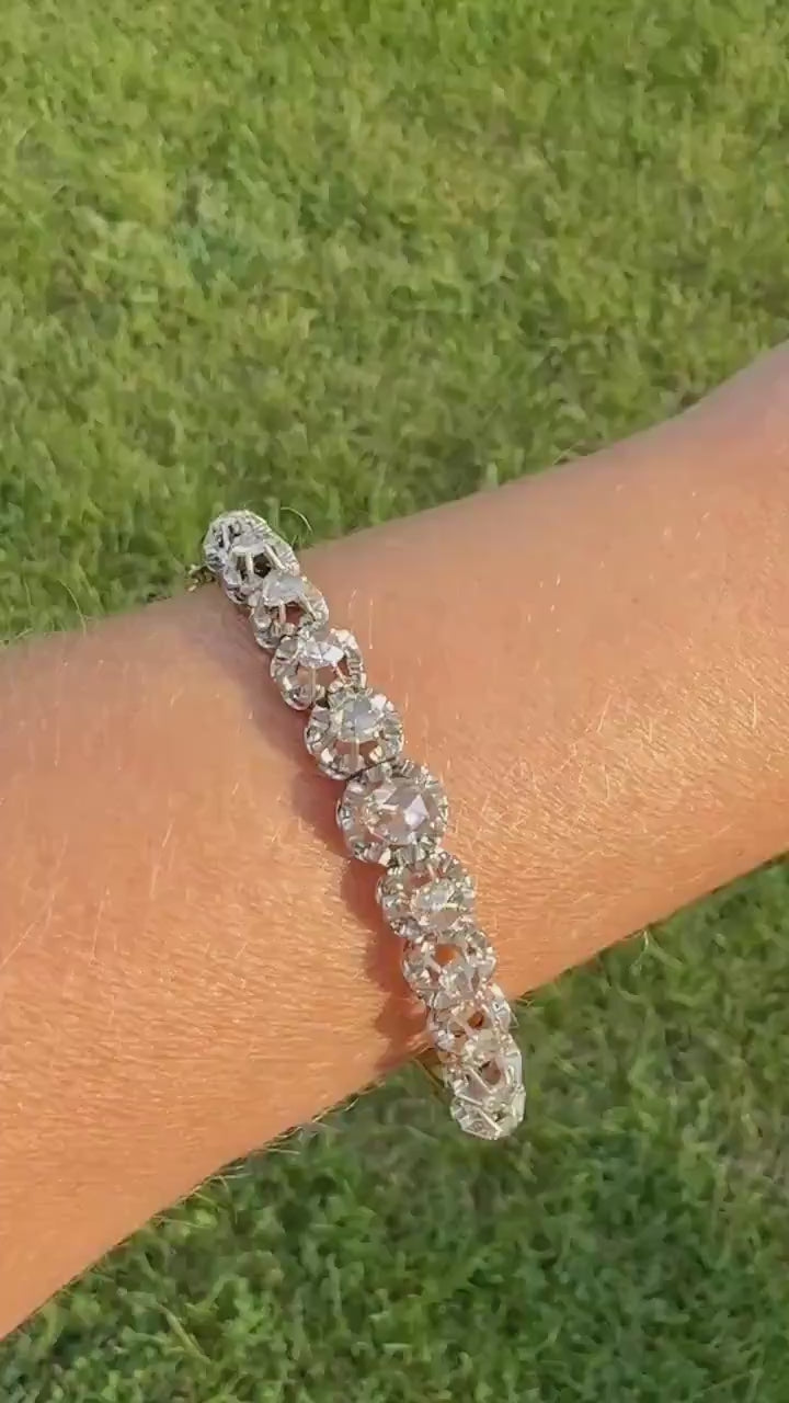 ANTIQUE Rose Cut DIAMOND Bangle Bracelet Boxed French Victorian 20g 18k Gold Platinum Crown Fleur de Lis Prongs Ornate Wriststack Open Back