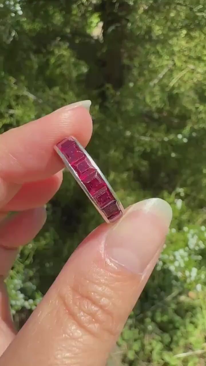 PLATINUM French Vintage Channel Set RUBY Full ETERNITY Band 4.7mm Wide Ring Skinny Line Stacker Romantic Gift Square Carre Cut Pink