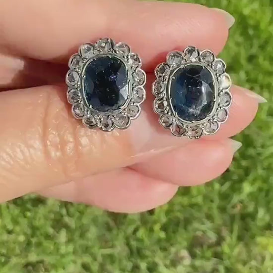 ANTIQUE Oval Natural SAPPHIRE Rose Cut DIAMOND Halo Large Stud Earrings 18k Gold Silver Topped Ornate Scalloped Something Old Blue Bridal
