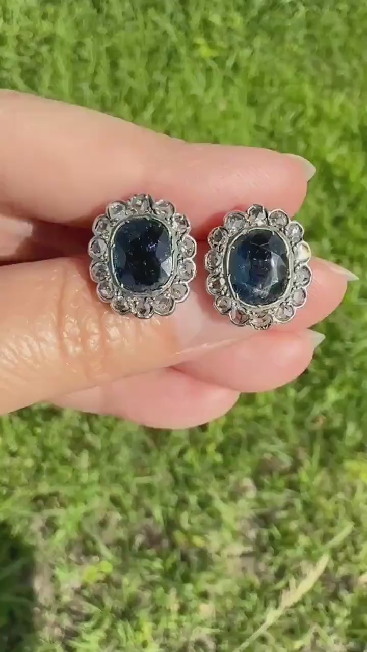 ANTIQUE Oval Natural SAPPHIRE Rose Cut DIAMOND Halo Large Stud Earrings 18k Gold Silver Topped Ornate Scalloped Something Old Blue Bridal