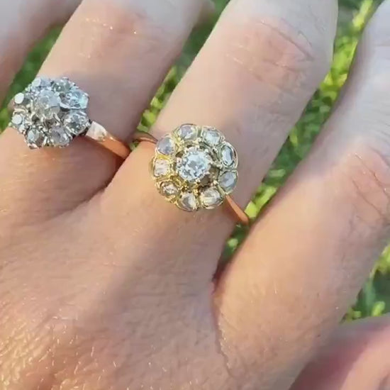 CLUSTER Ring Old Mine Cut Rose Cut DIAMOND Daisy Floral French Victorian Antique 18k Gold Ring Tall Stacker Band Belle Epoque Gift OMC
