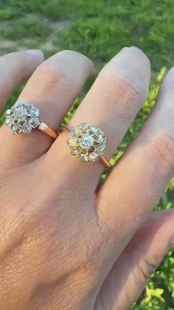 CLUSTER Ring Old Mine Cut Rose Cut DIAMOND Daisy Floral French Victorian Antique 18k Gold Ring Tall Stacker Band Belle Epoque Gift OMC