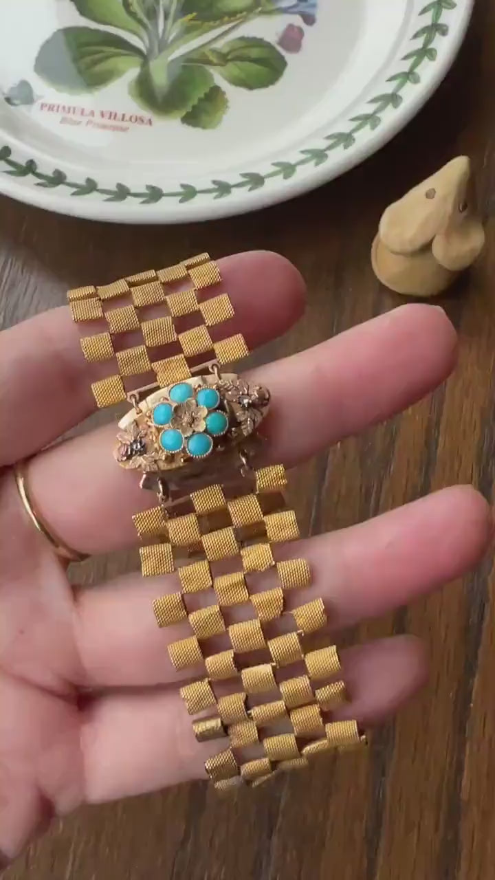 Special French ANTIQUE Victorian 18k Gold Cuff Bracelet Curved Mesh Link One of a Kind Floral Tricolor Gold Rose Cut Diamond Turquoise Clasp